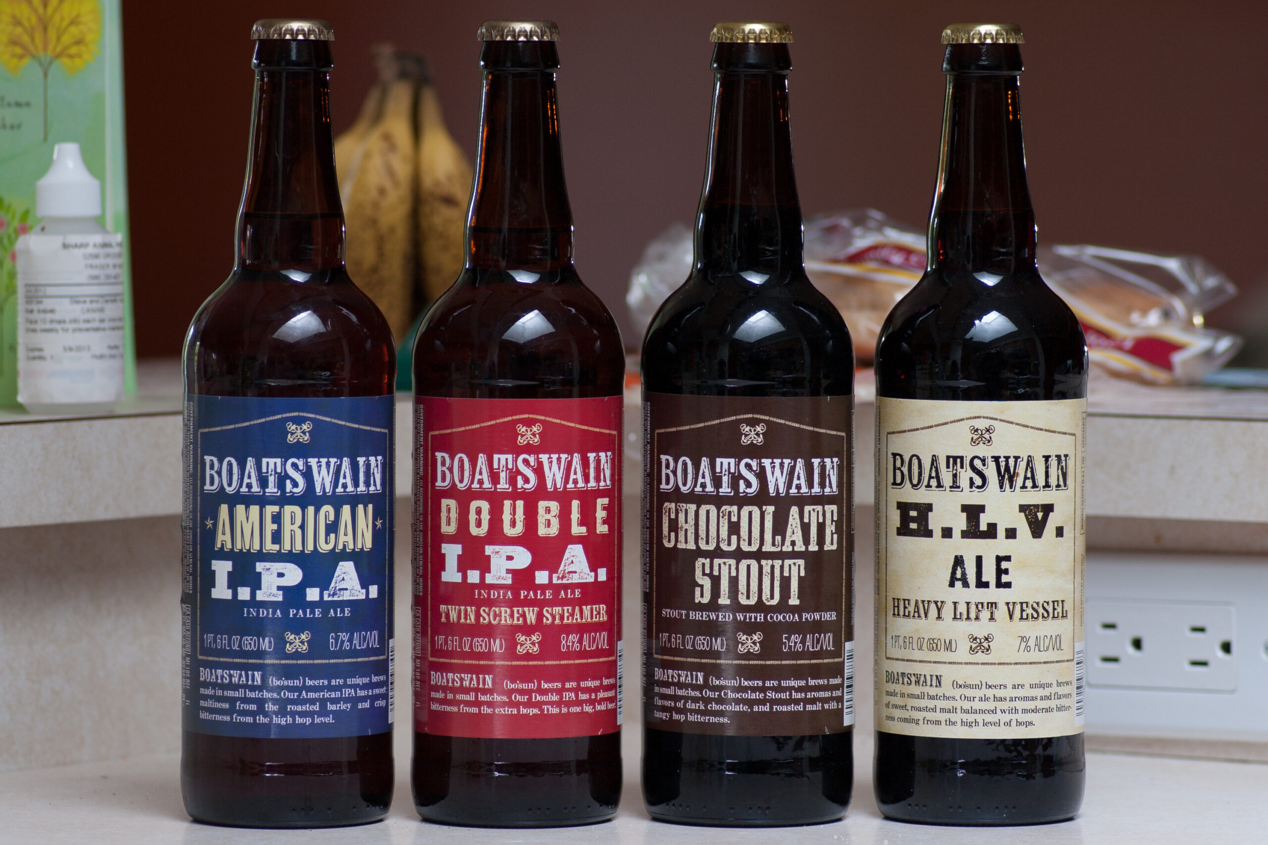 Boatswain American IPA, Double IPA, Chocolate Stout, and Heavy Lift Vessel Ale, all purchased from Trader Joe's for $1.99/ea. Very good beers for the price.
