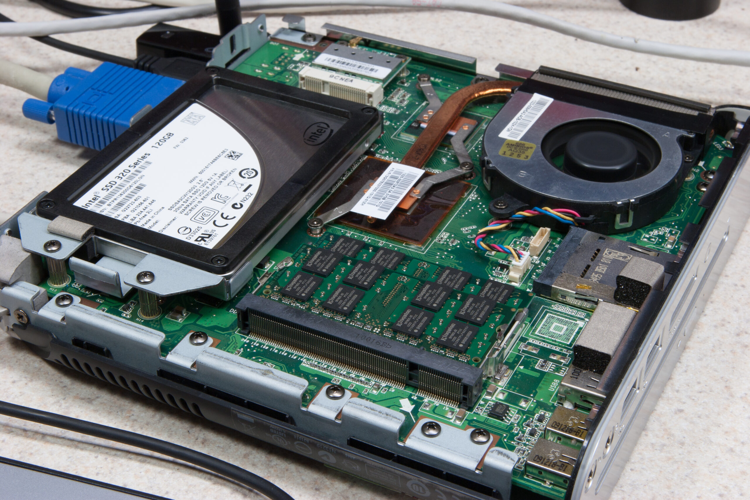 Intel 320 SSD (120GB) and 4GB of Kingston RAM in the Asus EeeBox 1501 PC that's connected to the television.