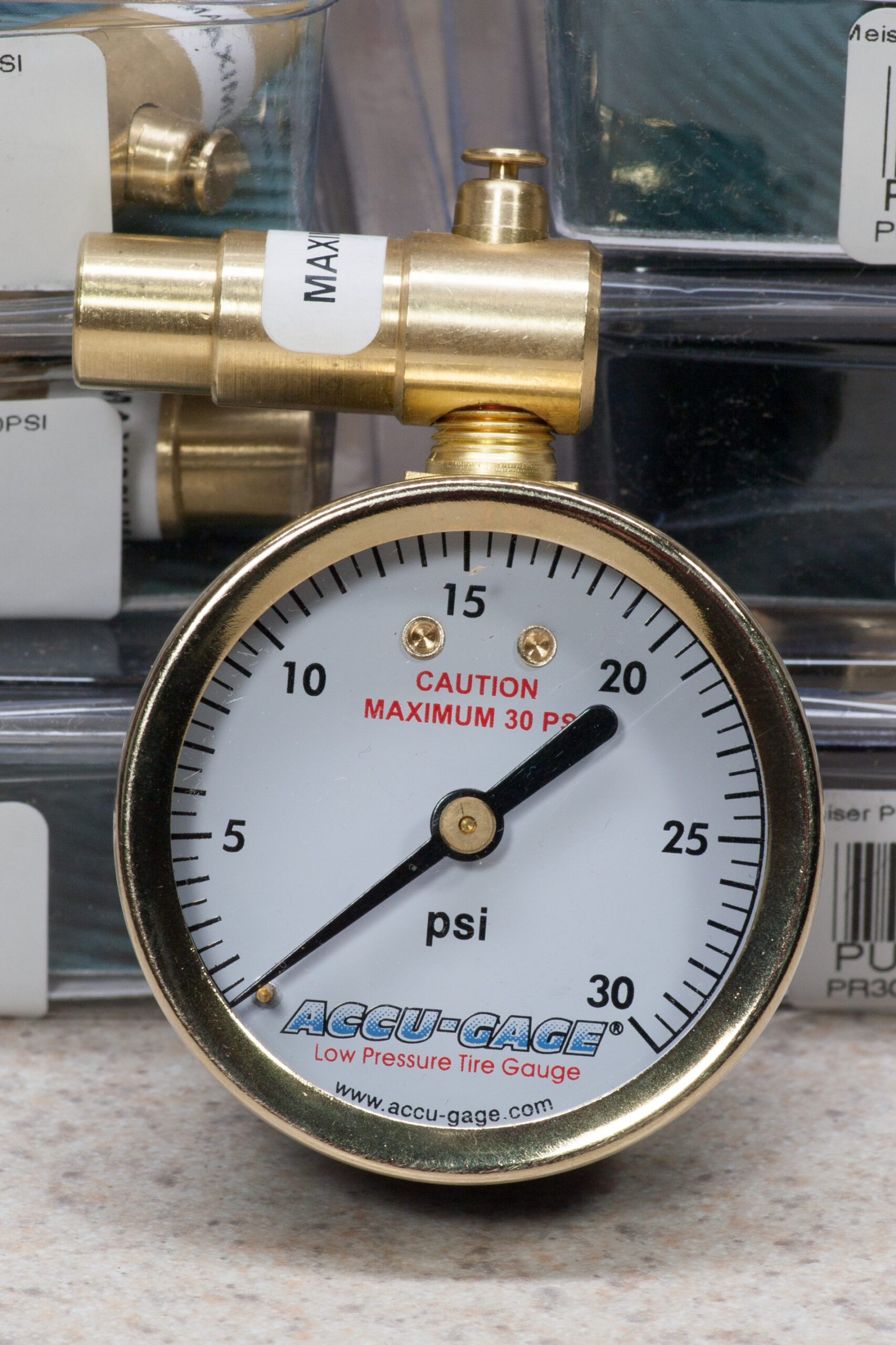 G.H. Meiser Accu-Gauge, 30 PSI maximum, Presta-valve, for low pressure mountain bike and fat bike use.