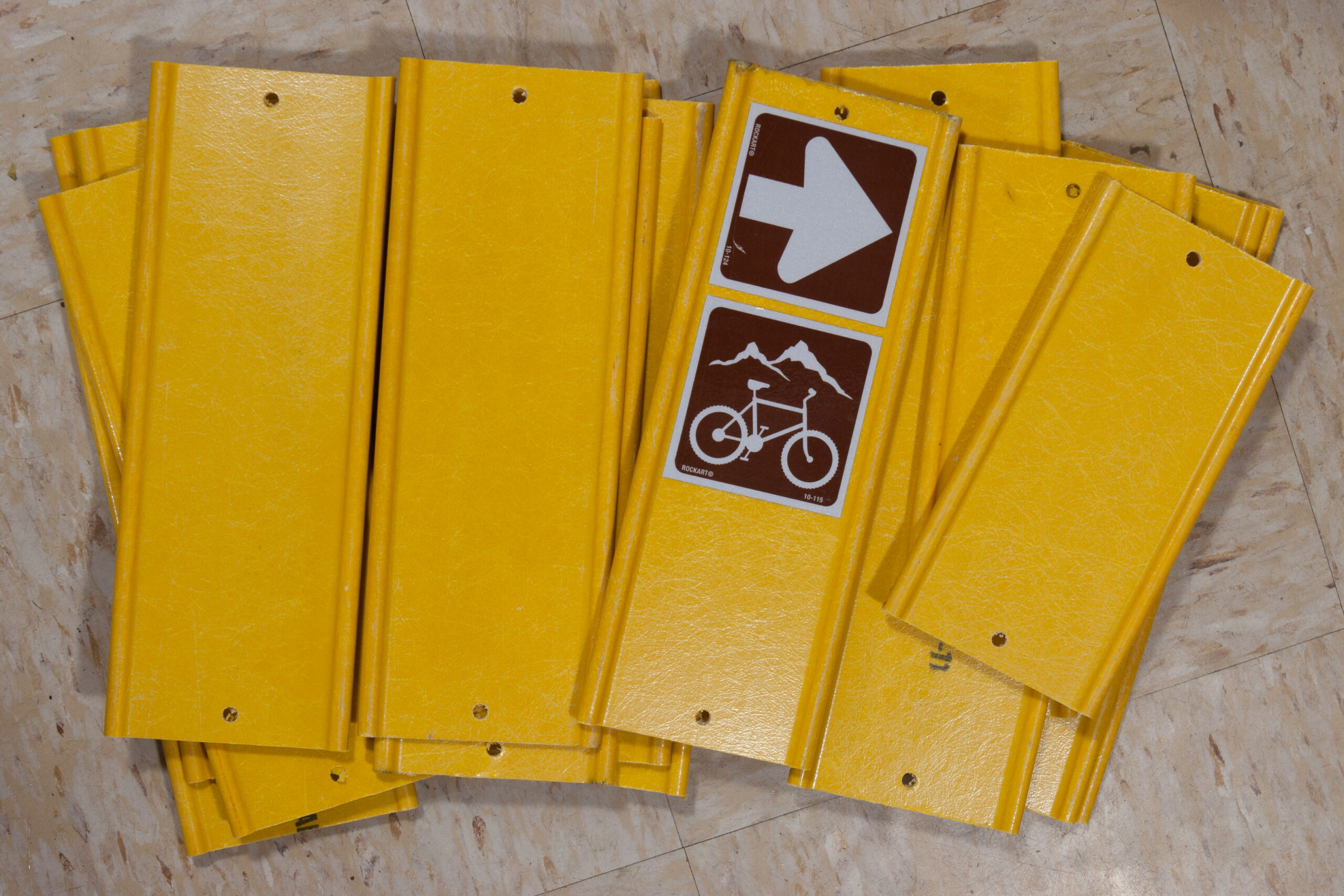 Eighteen (16 x 11", 2x 8") Carsonite tree/post-mount markers, made by cutting down scrap markers leftover from Bloomer.