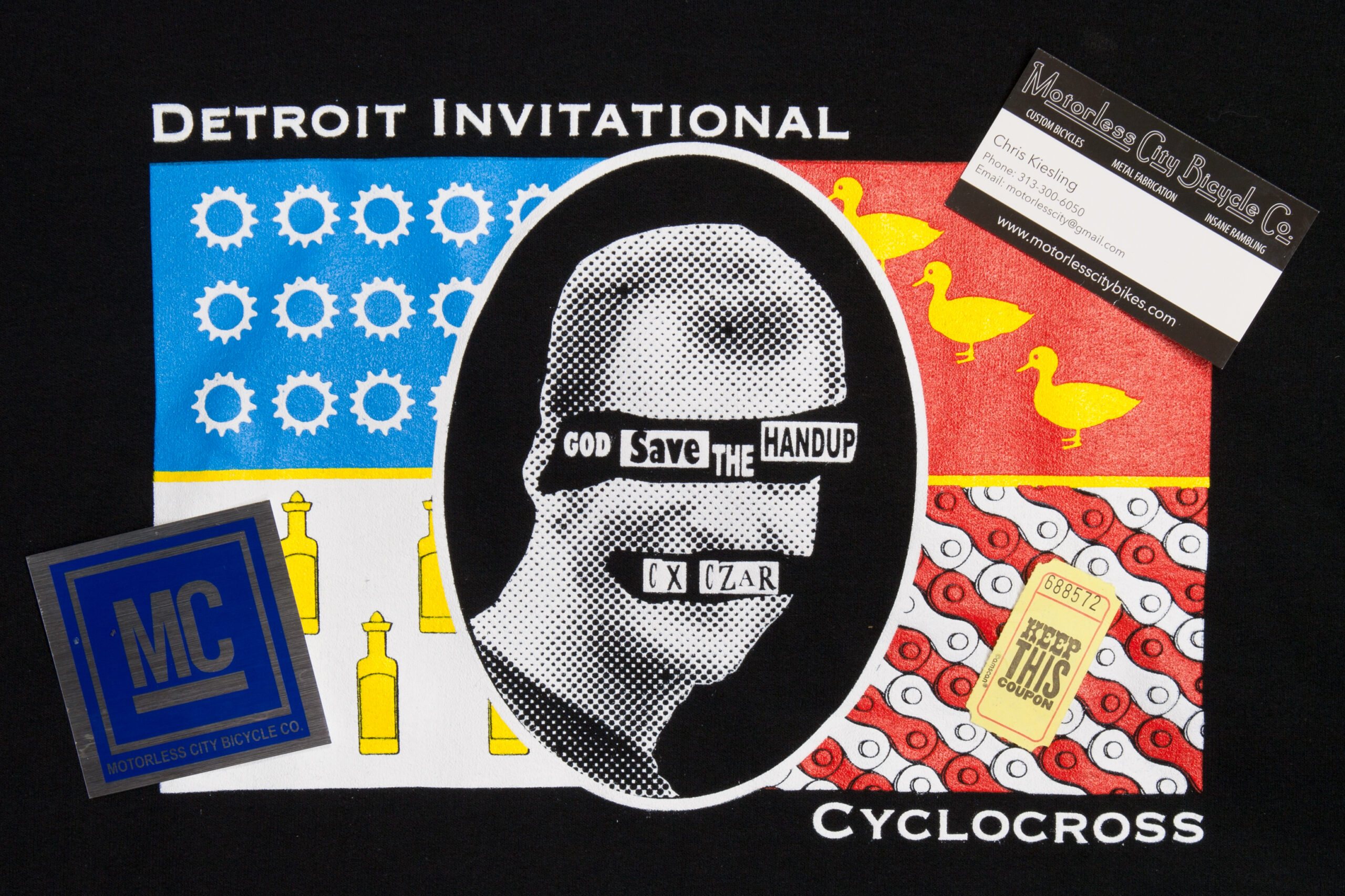 Detroit Invitational Cyclocross hoodie from the 2013 race, along with the raffle ticket that won me a bicycle from the Motorless City Bicycle Co.