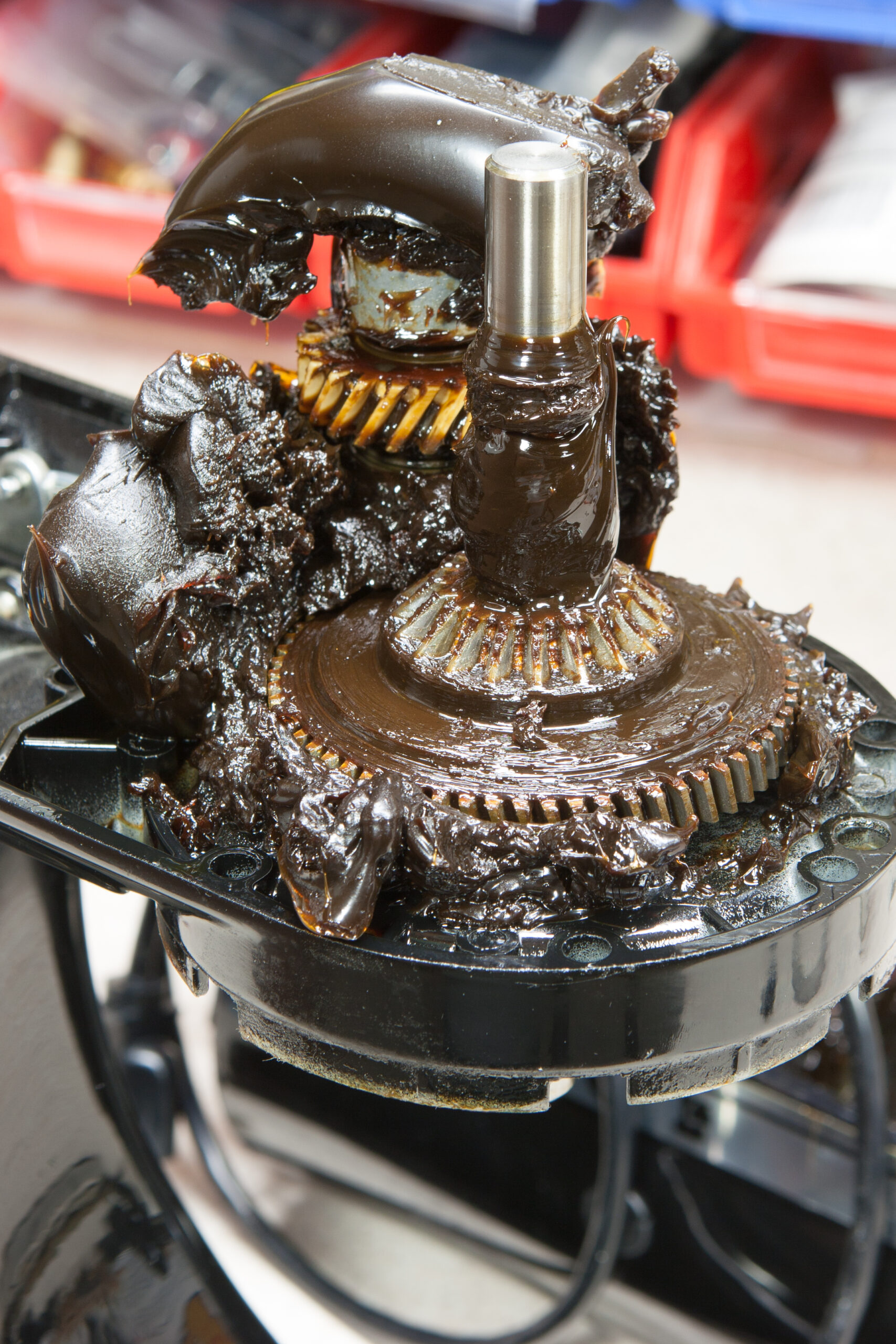 Inside of the KitchenAid mixer after disassembling it to find out why it was squeaking and leaking oil.
