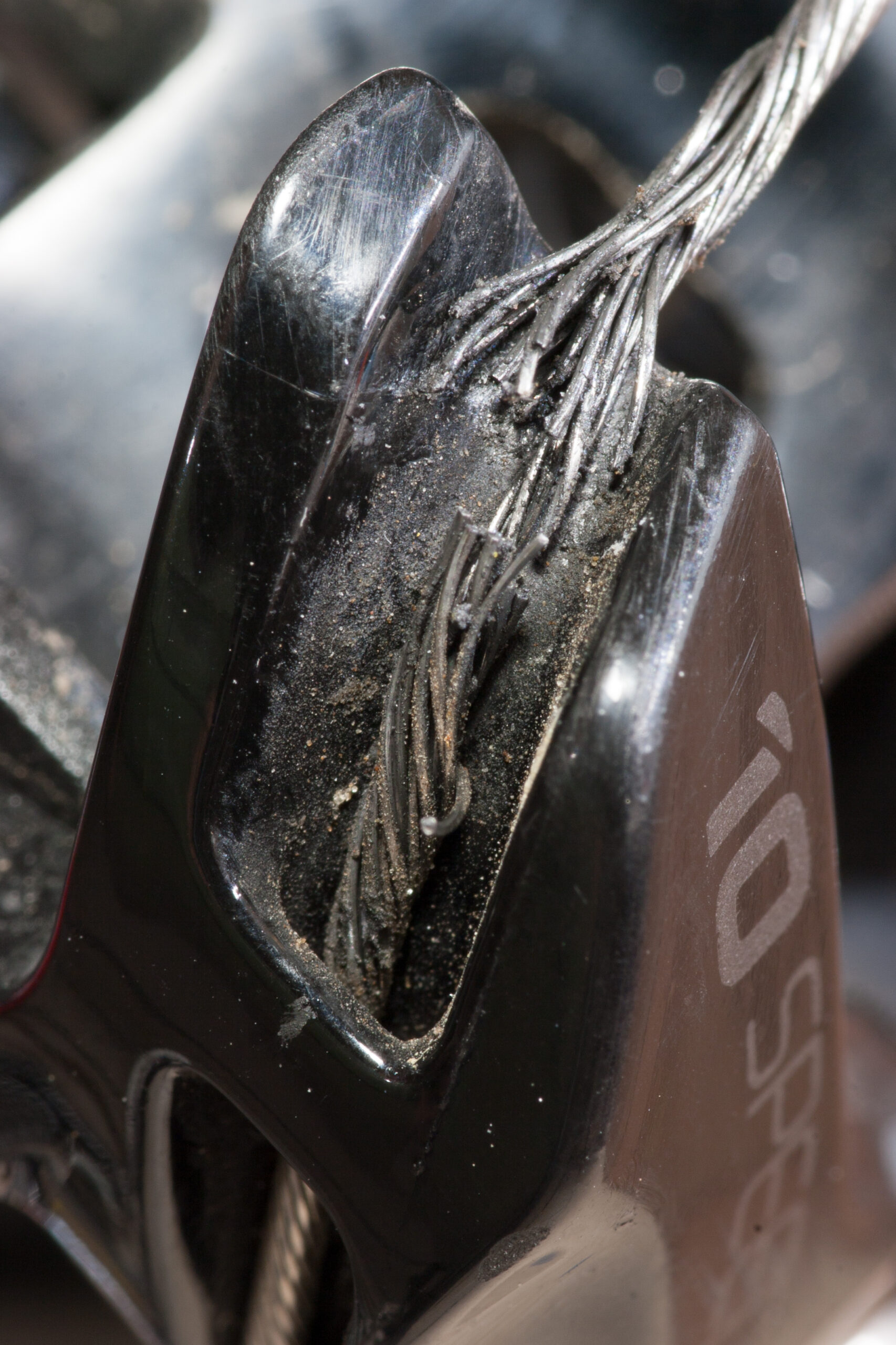 Frayed rear derailleur cable caught before it could break.