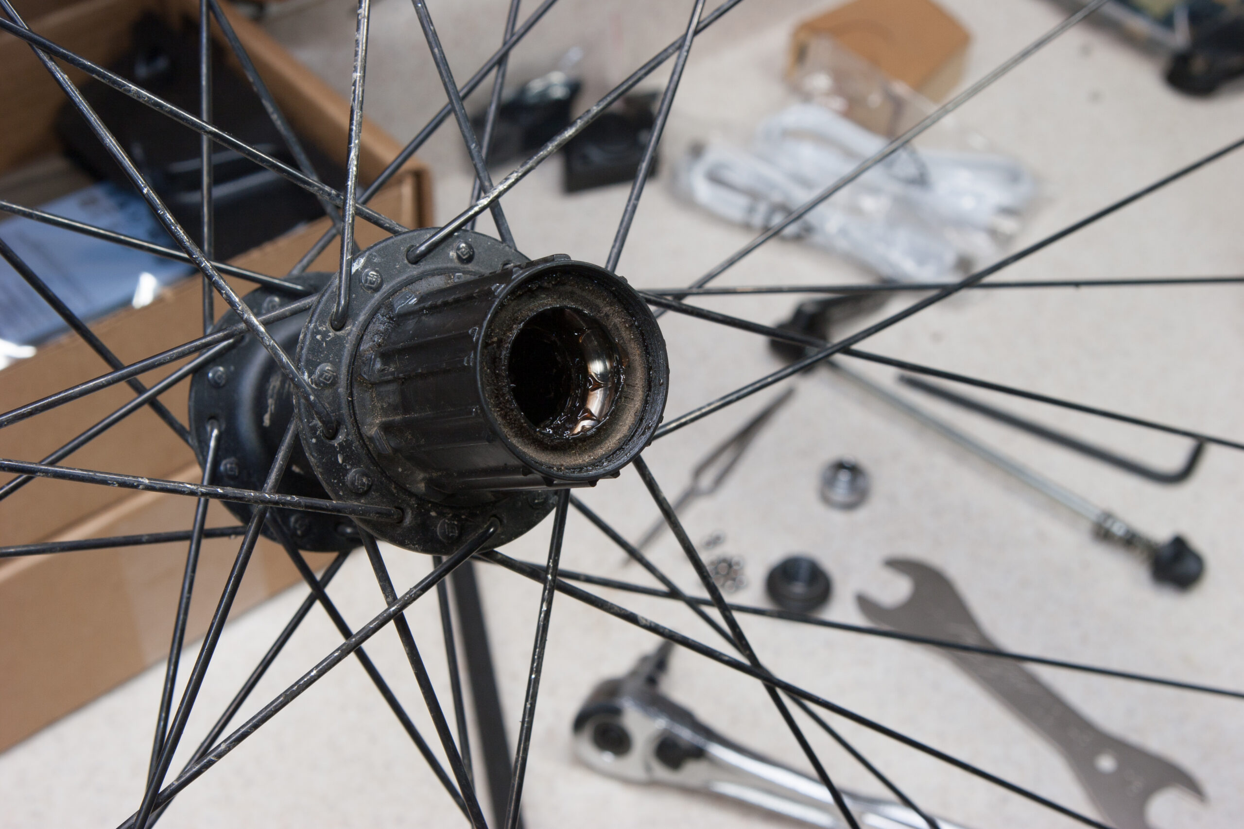Shimano FH-M785 after removing the axle so that the (seized) freehub could be removed.