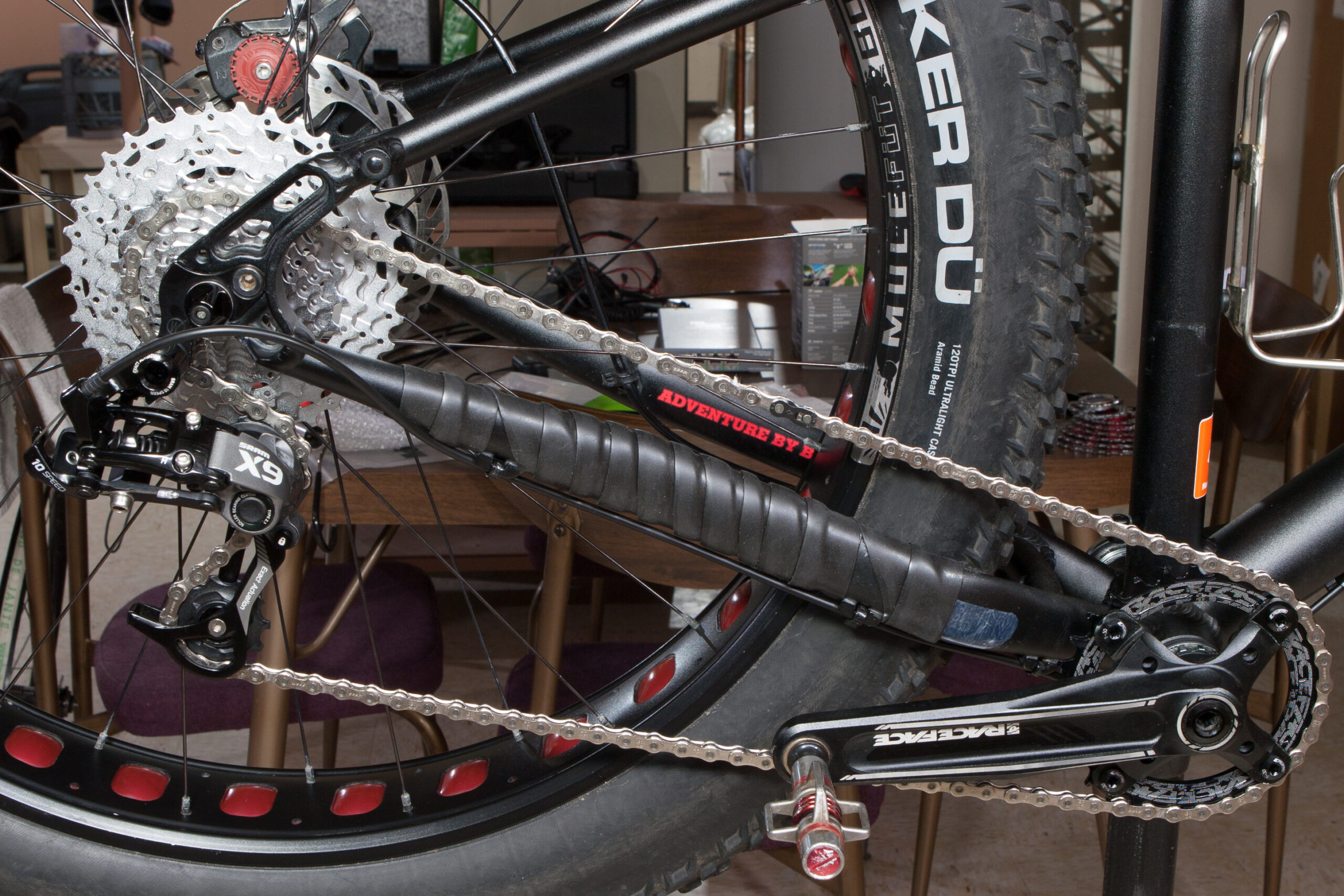Mukluk 2 after 1x10 conversion with Race Face 30t Narrow/Wide ring, SRAM X9 Type 2.1 rear derailleur, and Shimano XT 11-36 cassette.