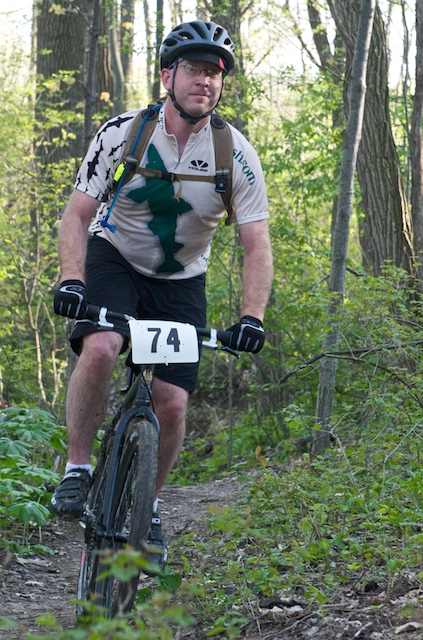 Me, riding my single speed Bianchi D.I.S.S. in my first race, the second Lake Orion High School Dragon GAP Spring 2009 mountain bike race on 12-May-2009. Photo taken from the Cannondale Midwest Racing website.