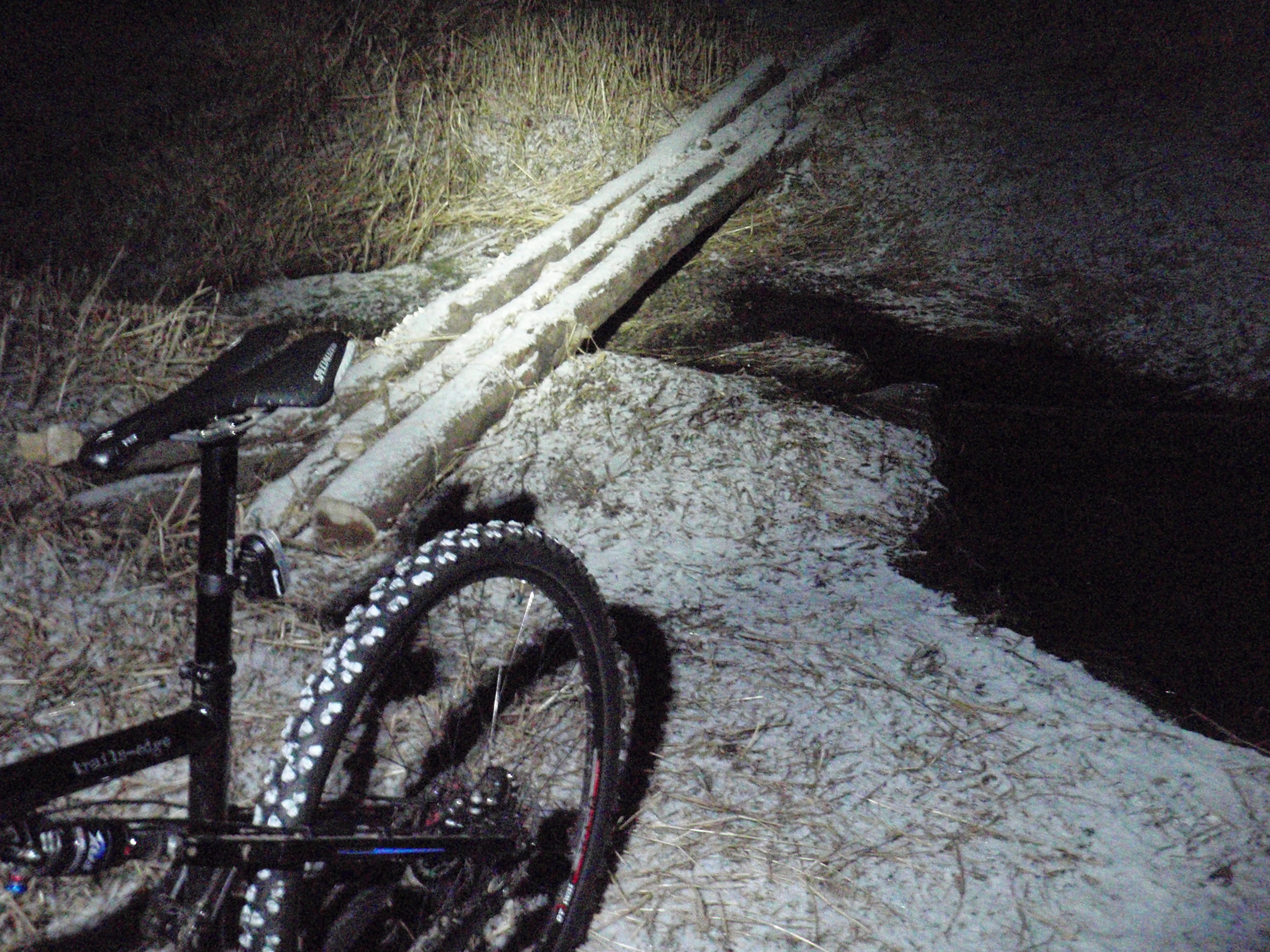 Just after the temporary log bridge in the seasonal loop of River Bends one winter night.