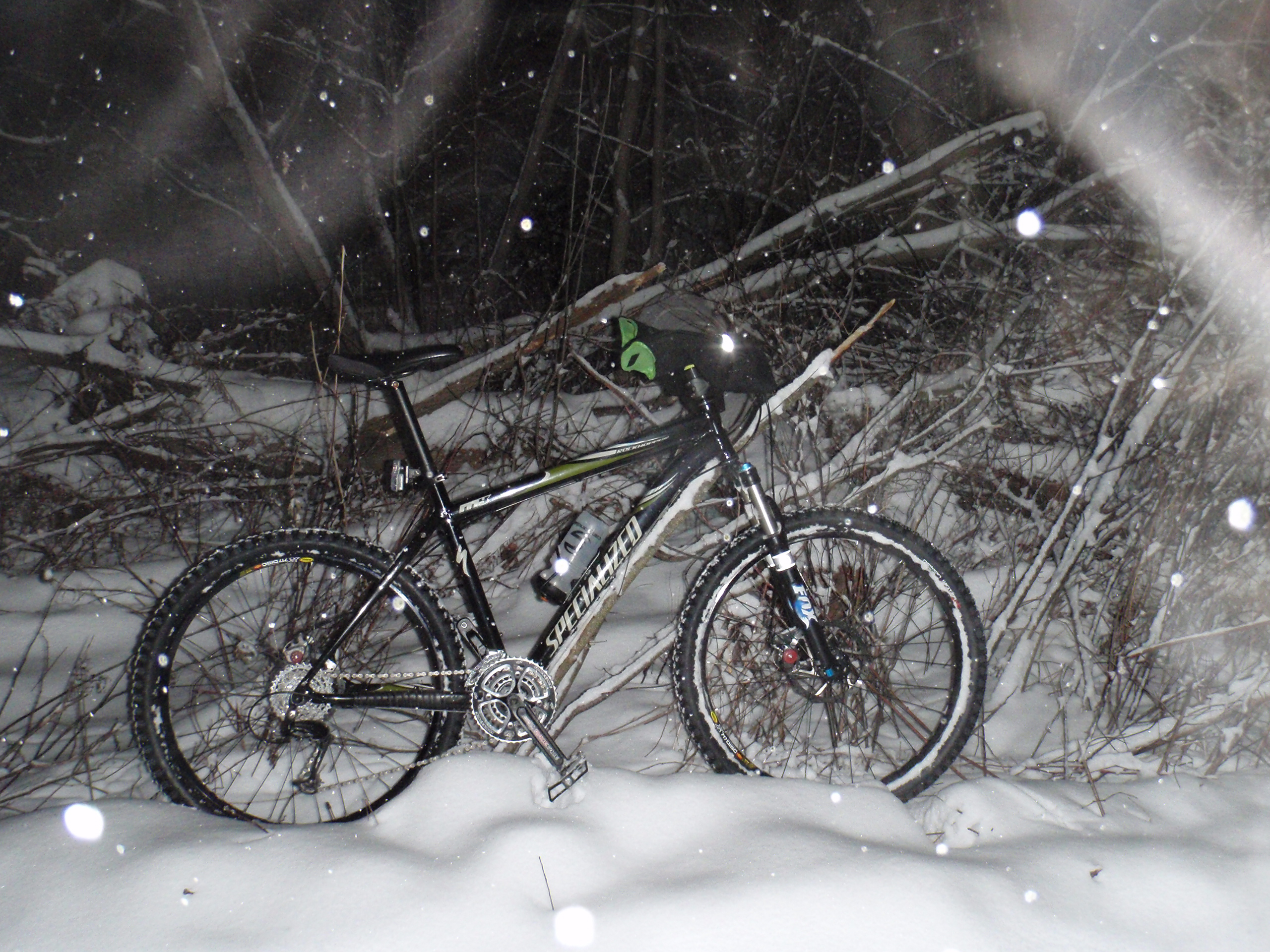 My Specialized hard tail, in River Bends, while riding in the middle of a snow storm which had already dropped 2-3" of snow.