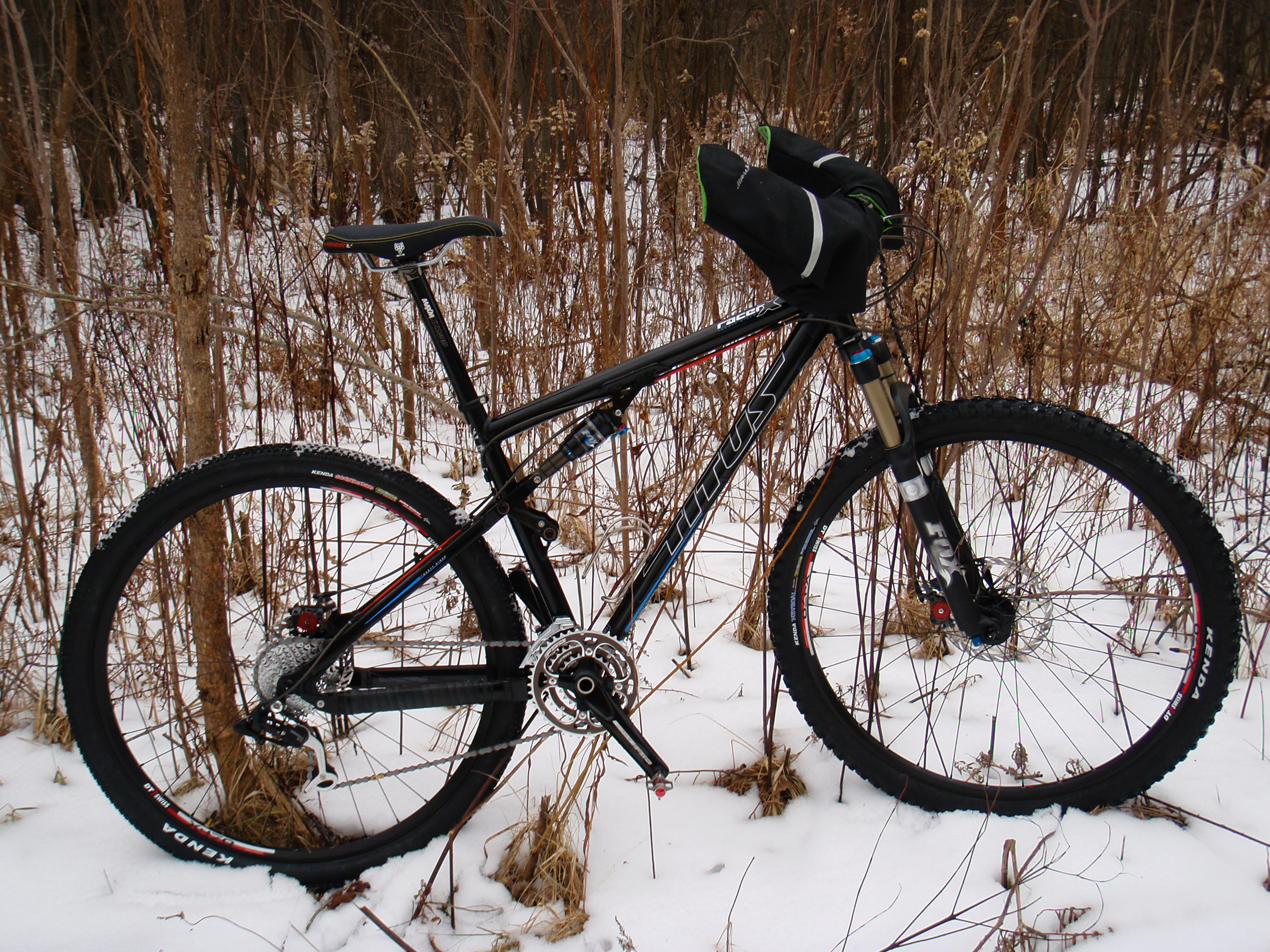 The Titus Racer X 29er, sitting in the snow at River Bends, on its first ride. A few adjustments need to be made, but I think I like it.
