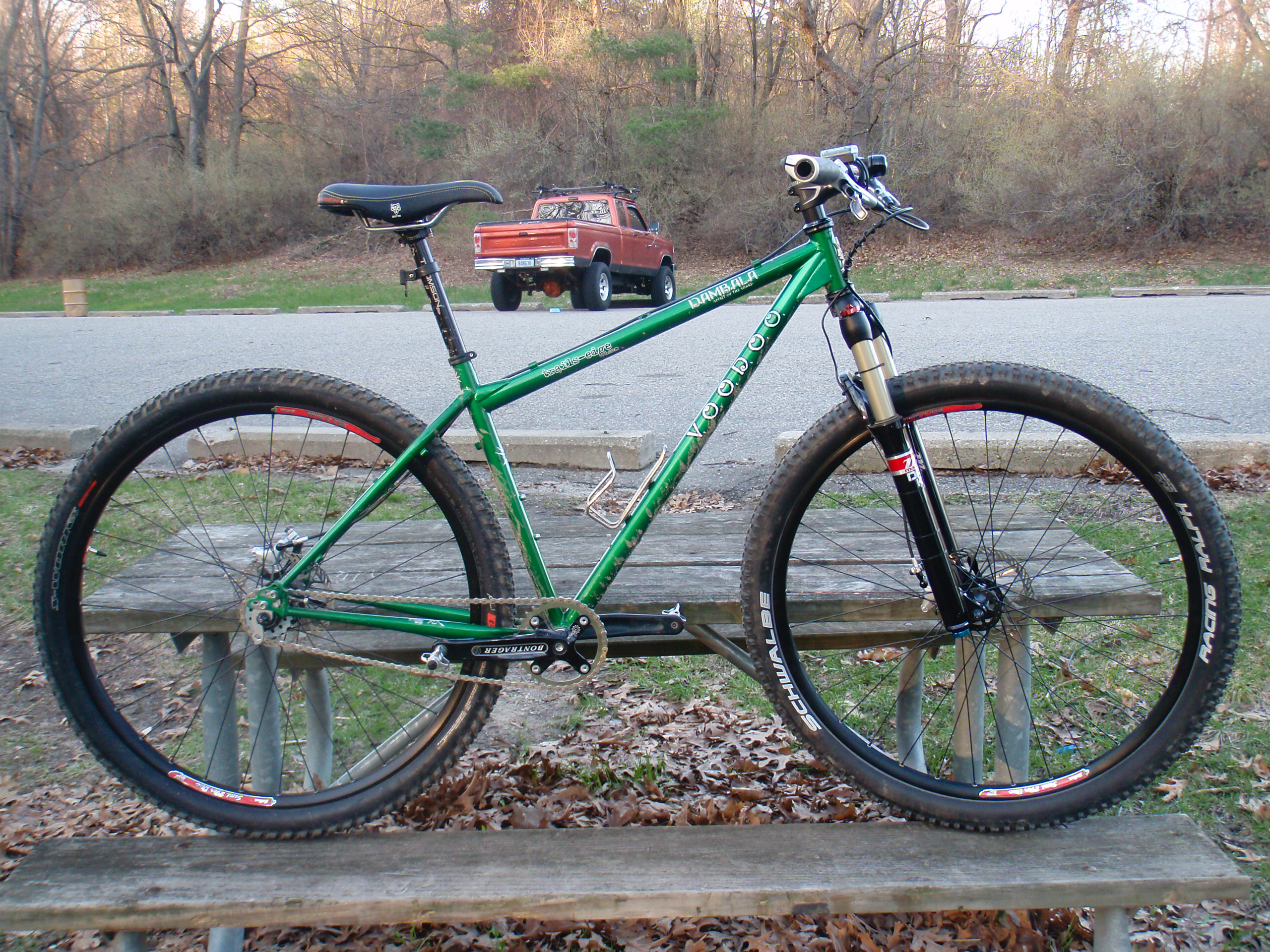 VooDoo Dambala with new Salsa Semi 29'er Disc rims that I built myself on a picnic table at Stony Creek near the West Branch picnic area, Lot F.