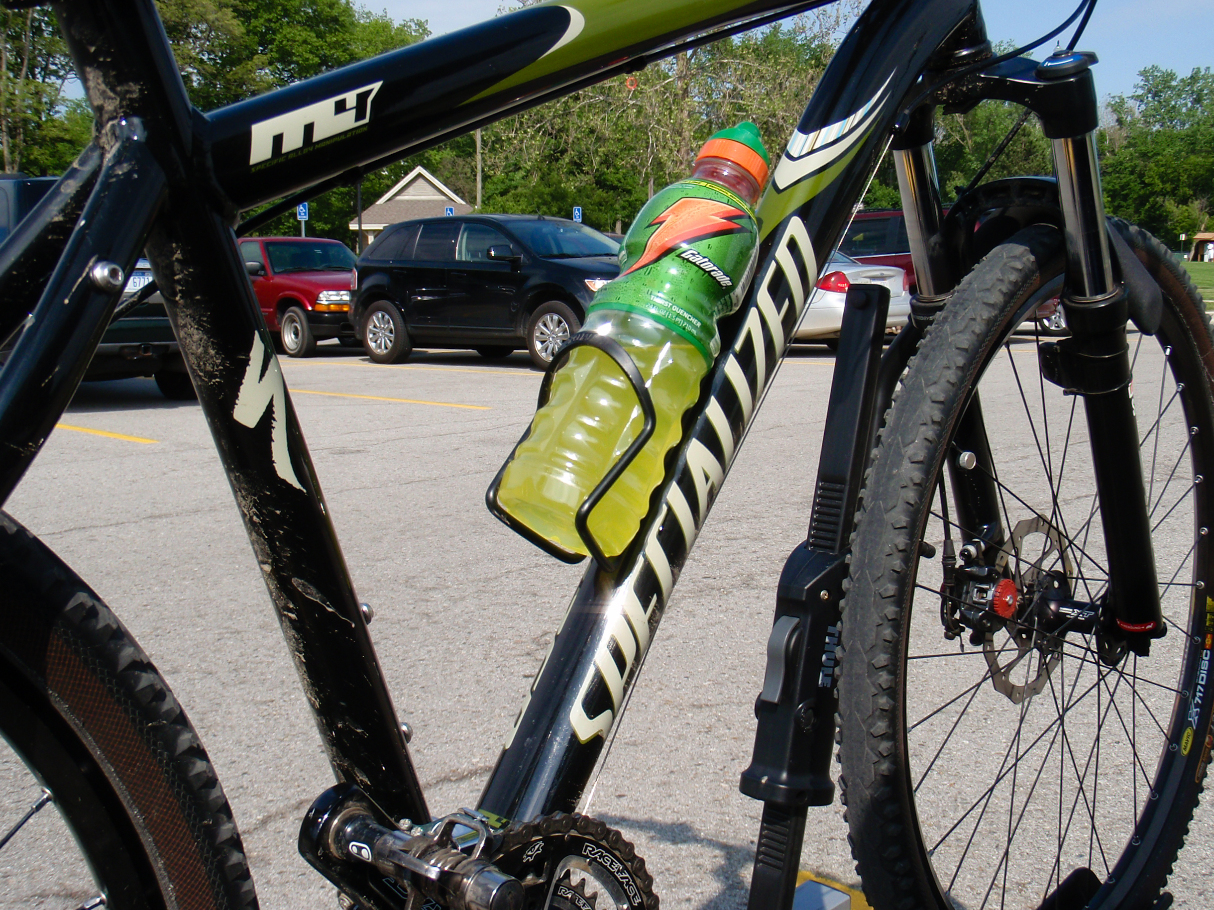 Bike on the back of my car, bearing a bottle of Gatorade, after a ~37 mile ride with Brian, Nick, and Marty. Route was from Dodge Park to Metro Beach, back through Dodge Park to Erma's Custard, then back to the park.