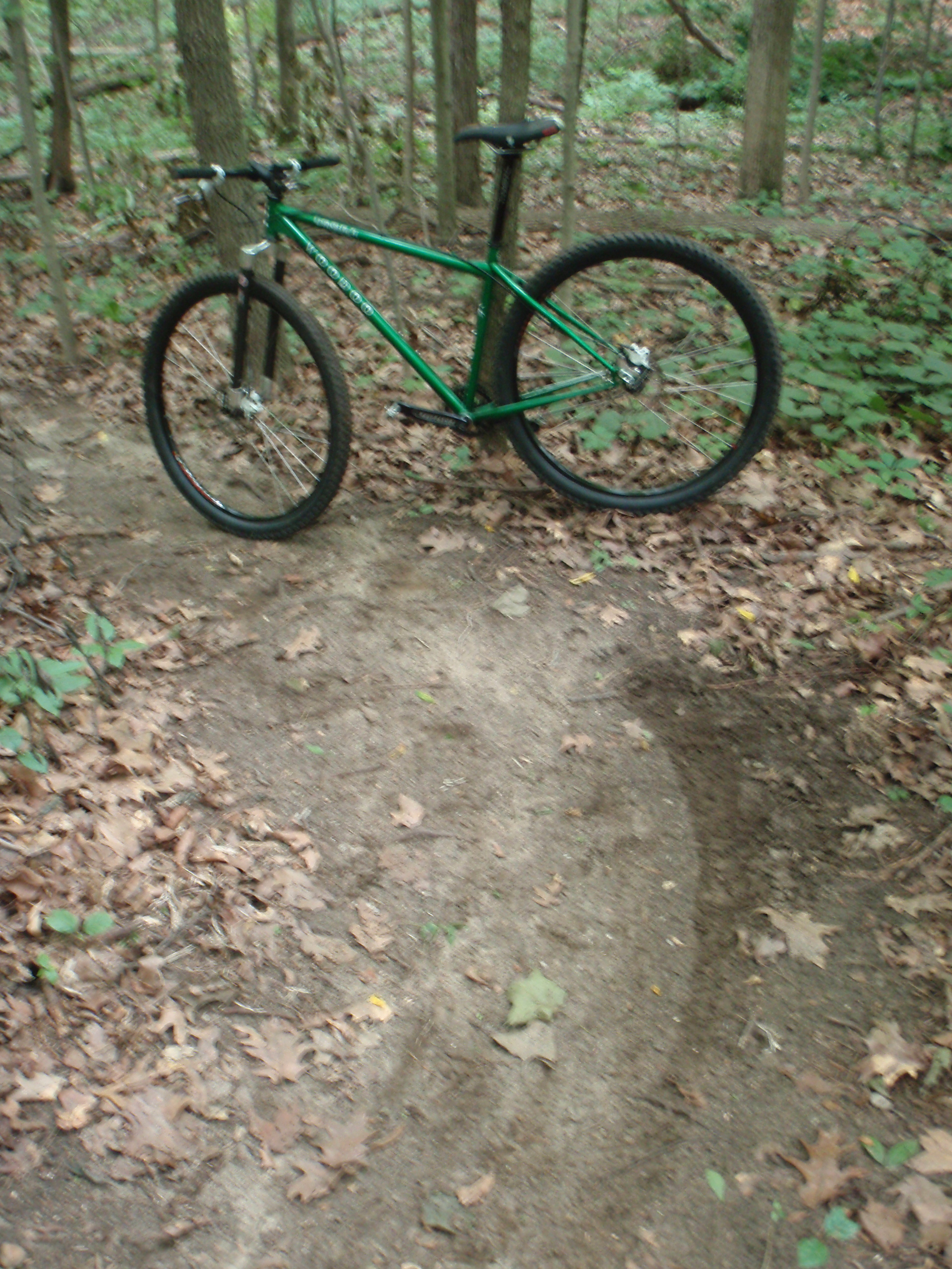 Blurry photo of my (to me) VooDoo Dambala bike on one of the switchback corners on the River Bends single track, where I washed out my front tire and fell.