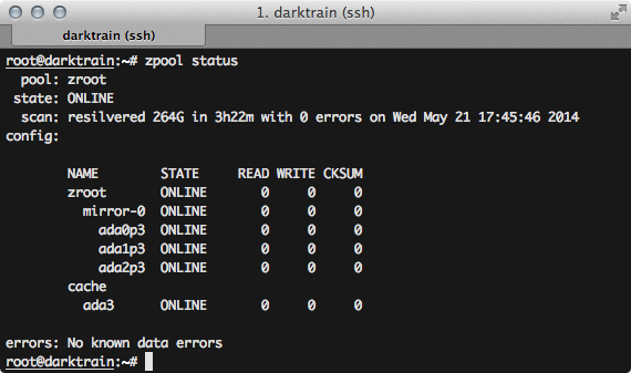zpool status output showing a three-way mirror and L2ARC on an SSD.