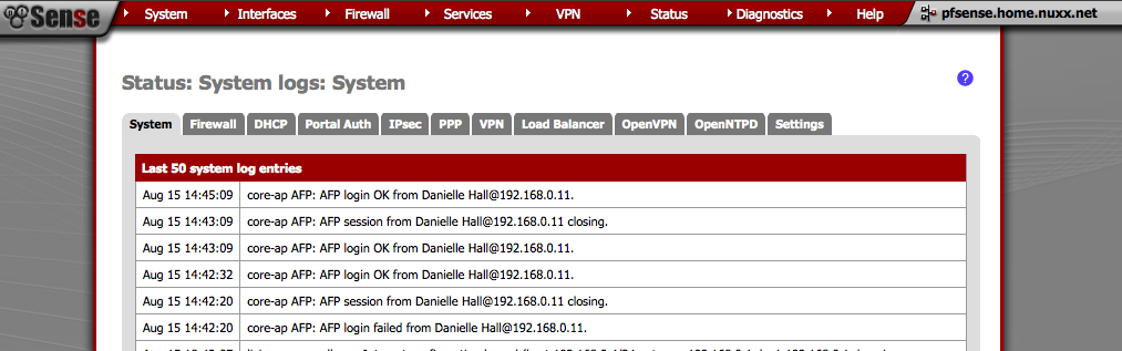pfSense at home showing Danielle's laptop properly authenticating to the network hard drive used for a Time Machine backup.