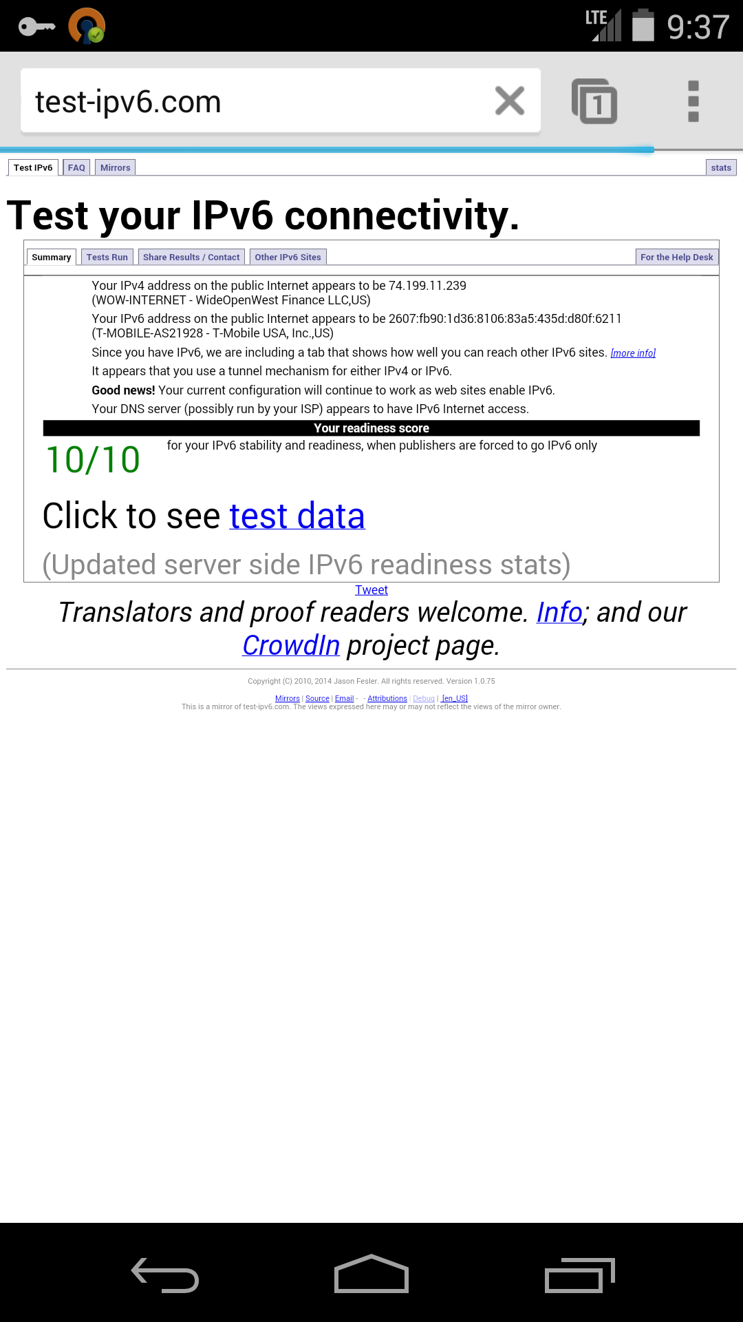 Google Nexus 5 w/ Android 4.4.4 connected via OpenVPN. IPv4 connection goes over the VPN, but IPv6 stays on the mobile network. This also happens with IPsec VPN using the built-in client.