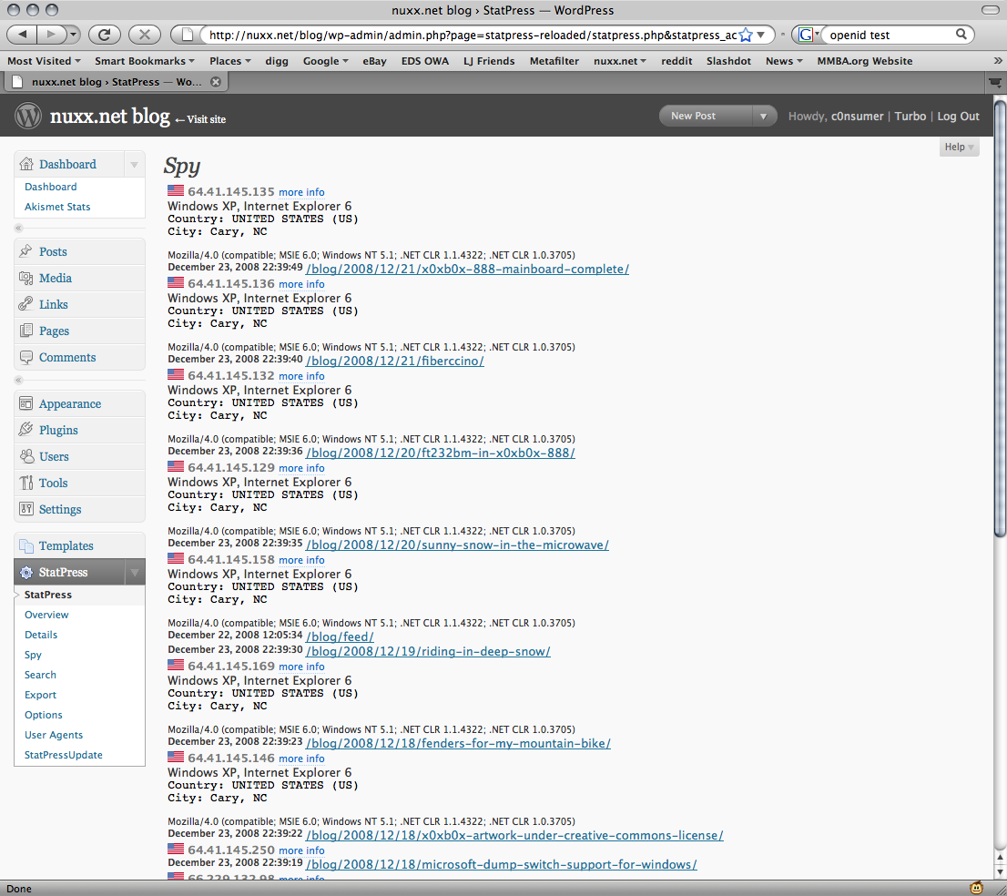 StatPress in WordPress on the nuxx.net Blog showing a bunch of requests from Attributor Corporation.