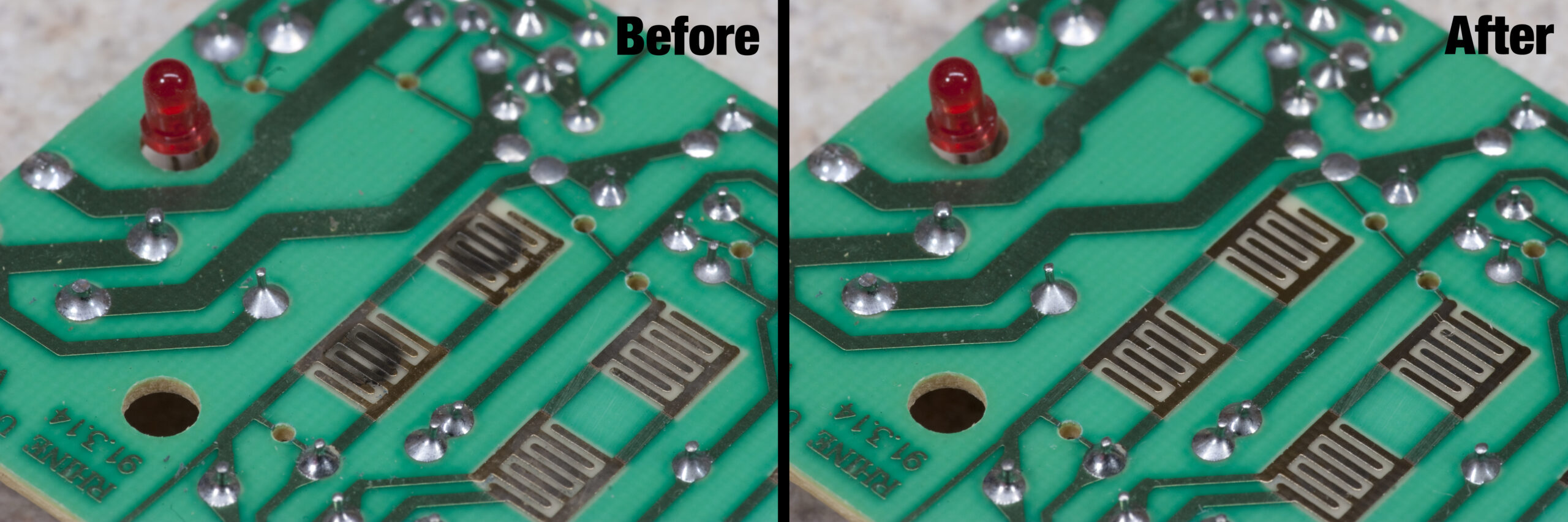 Dirty (and clean) contacts on the PCB inside of the remote control for my ceiling fan. After cleaning the remote control worked fine again.