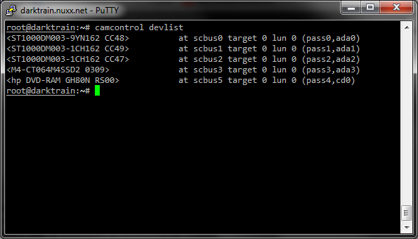 camcontrol devinfo output after replacing a failed hard drive and adding a second.