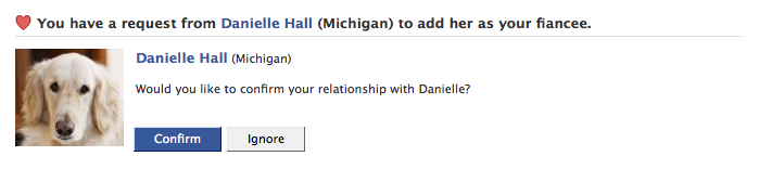 Facebook request from Danielle to indicate that we are now engaged.