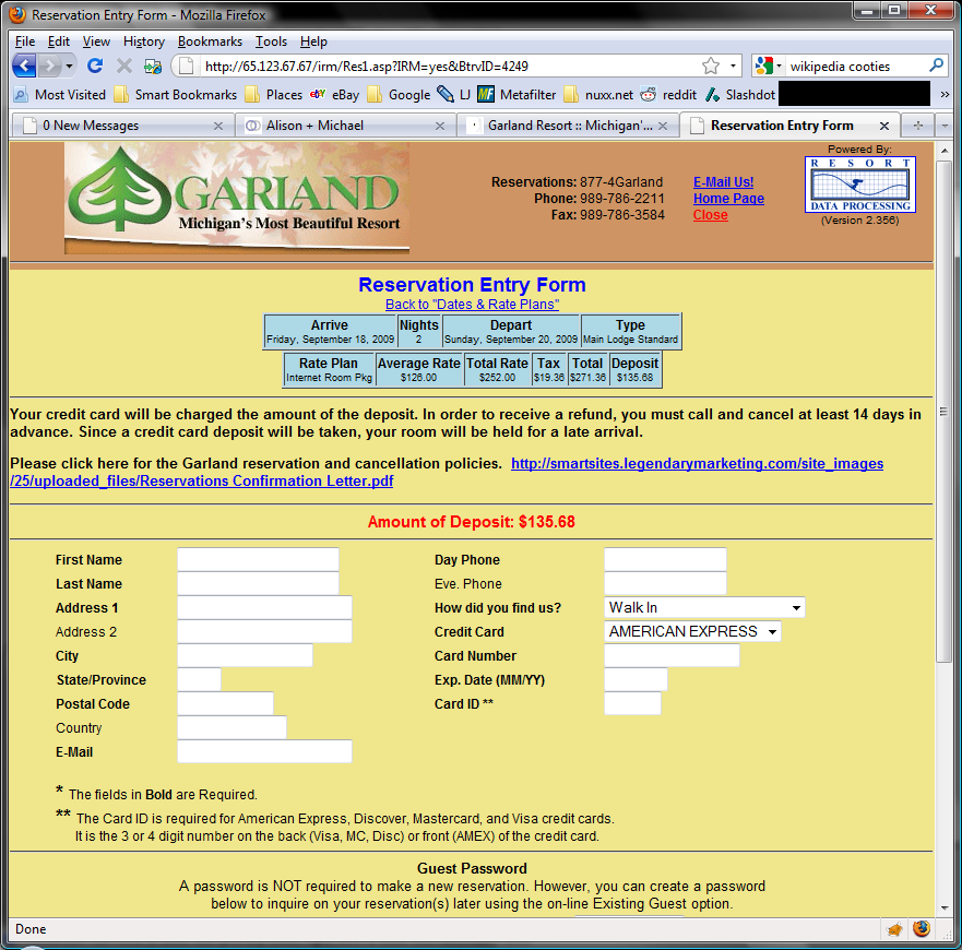 Garland Resort's reservations website, which accepts credit card numbers and POSTs them using plain old HTTP.