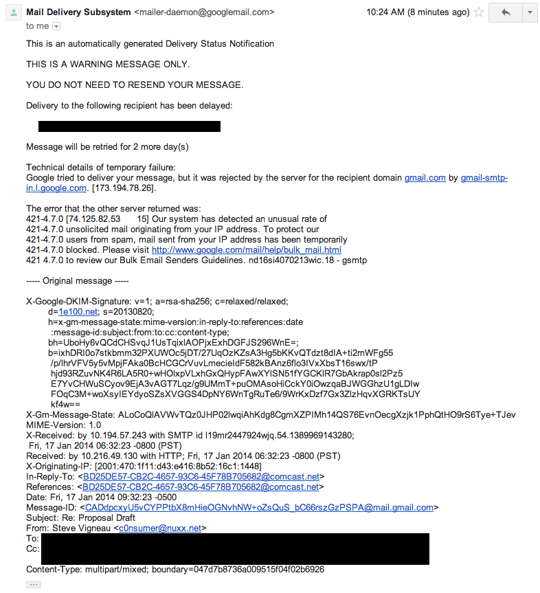Gmail rejecting mail from itself.