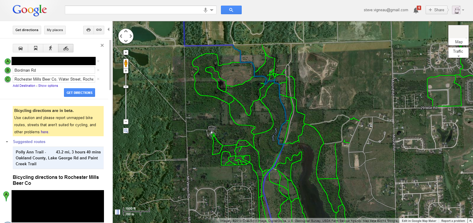 Google Maps showing automatic Bicycle Routing via the closed-to-bikes Nature Center trails at Stony Creek Metropark.