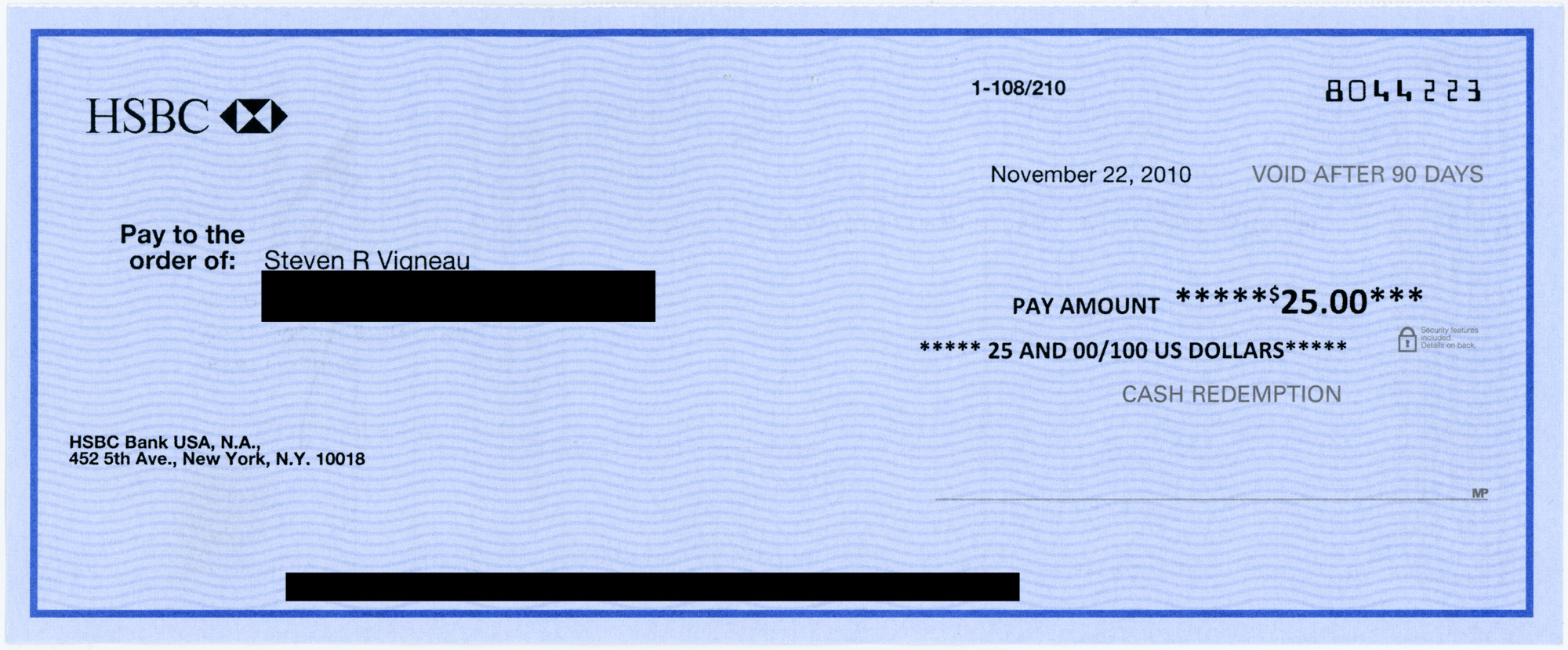 Unsigned HSBC Cash Back check; one of two that I received.