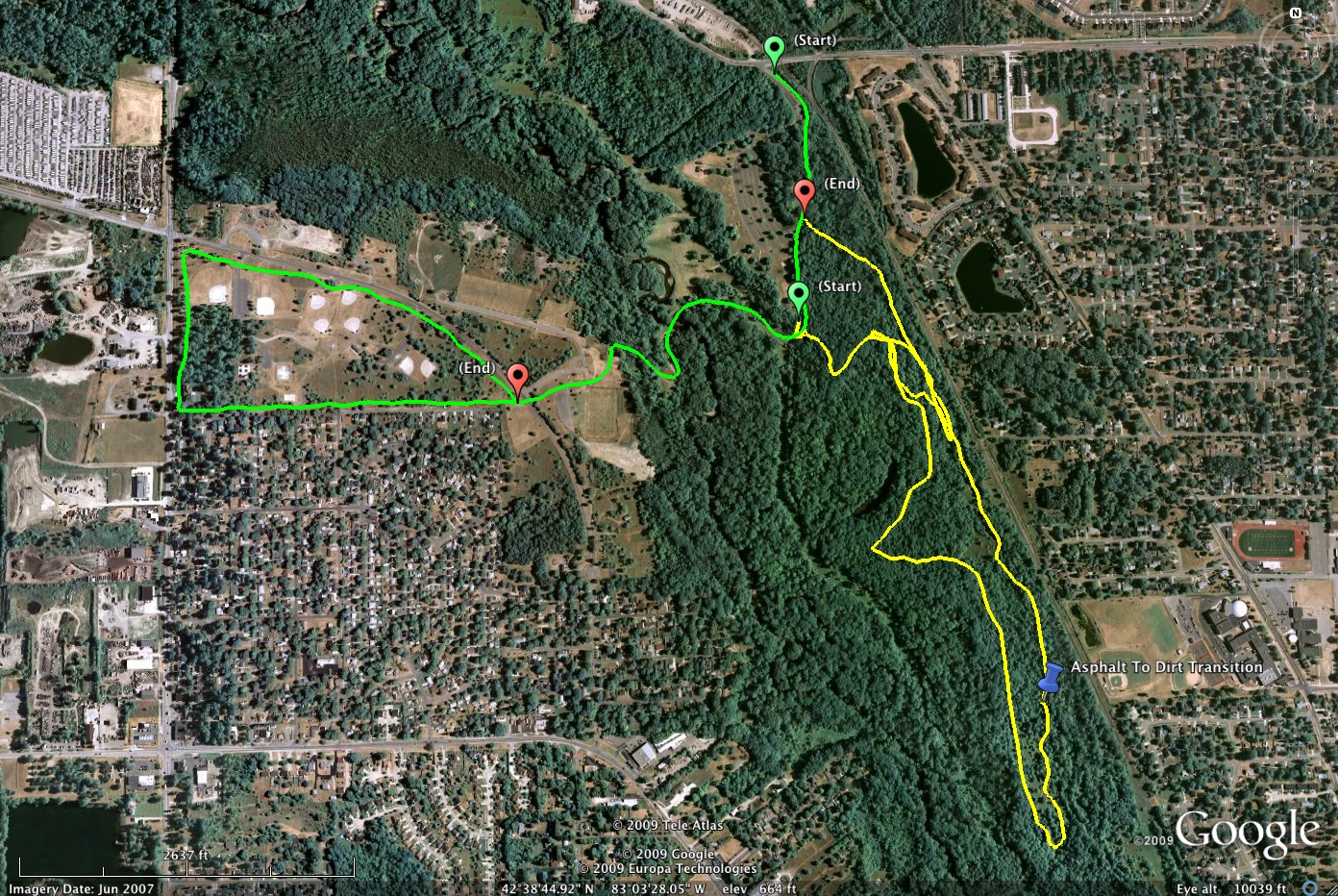 Initial mapping experiments at River Bends of the main asphalt path, new asphalt path, and remaining unpaved hiking trail segments.