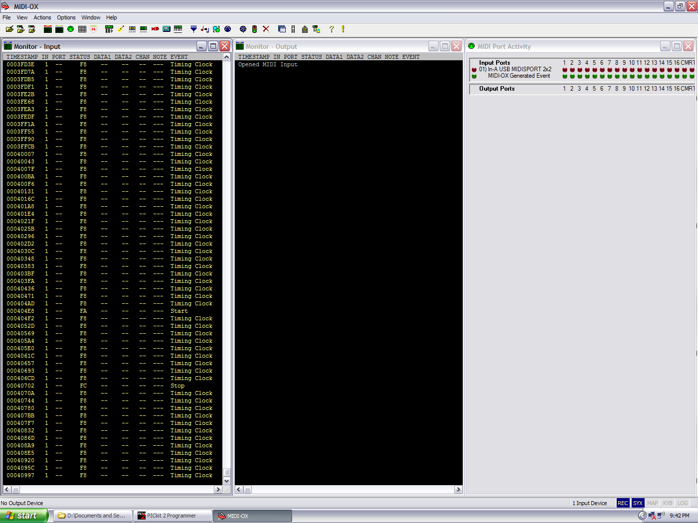 Screenshot of MIDI-OX displaying sync data from Ivan's P3 sent via the SYNC port.