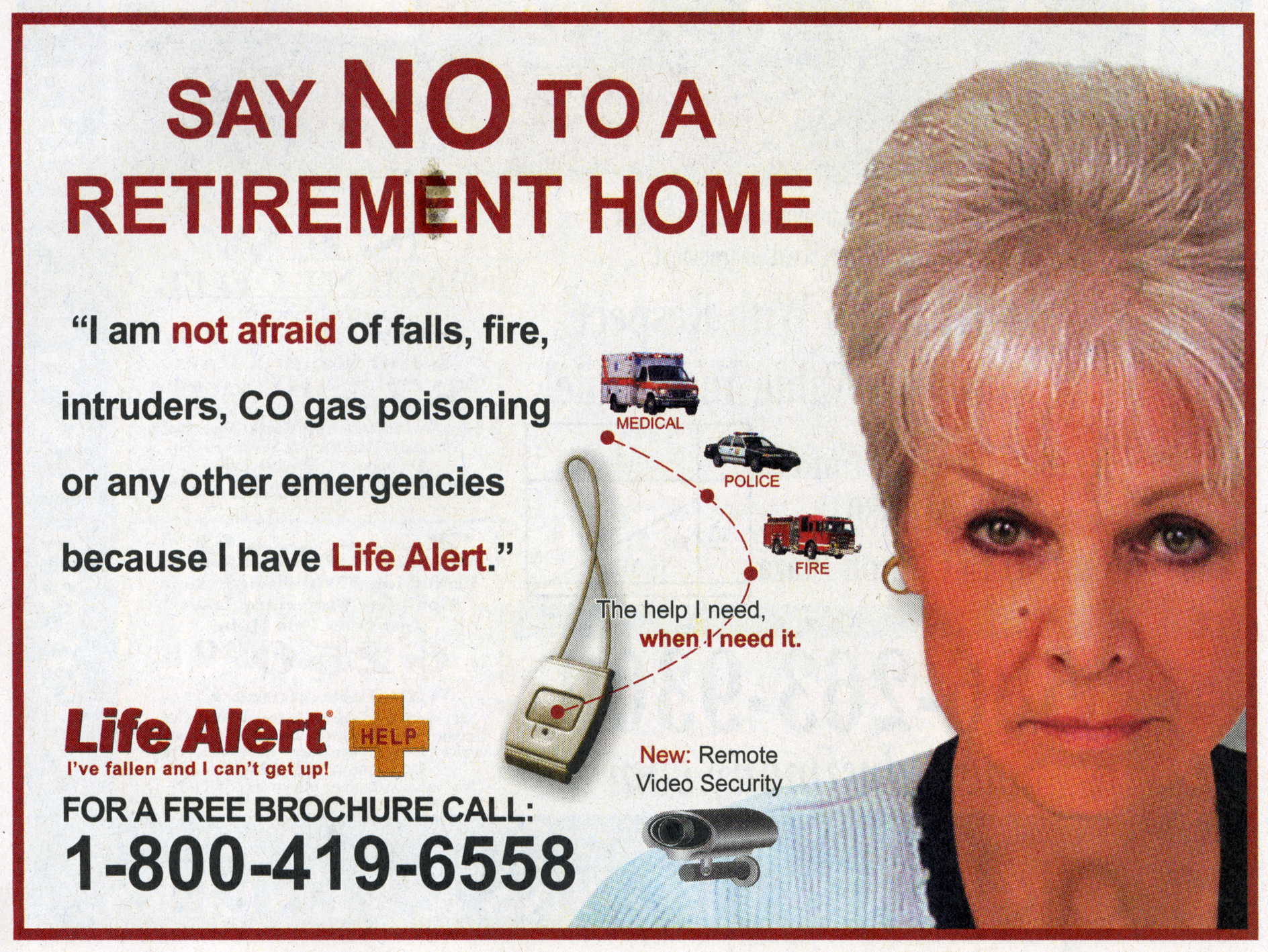 Life Alert now offers CO detectors, although this ad received on 11-Jul-2008 makes it appear as if the pushbutton device does the detecting.