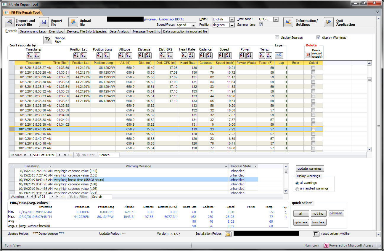 Lumberjack 100 GPS data from a Garmin Edge 500 being analyzed in Fit File Repair Tool showing an unexpected date jump from June 15, 2013 to October 19, 2019.