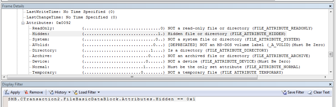Microsoft Network Monitor capture filter to show the Hidden attribute being set remotely via SMB.