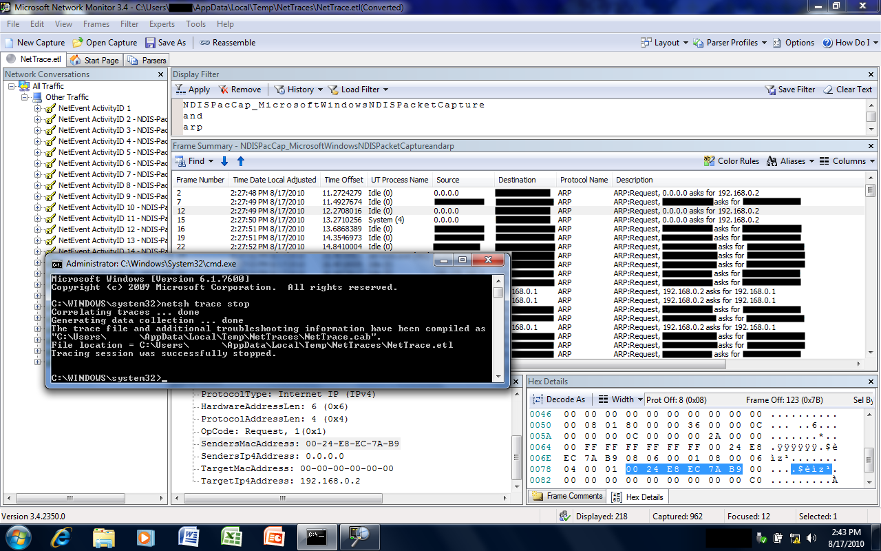 Using netsh to capture a network ETL file at boot of a Windows 7 client and analyzing it for ARP traffic in Network Monitor v3.4.