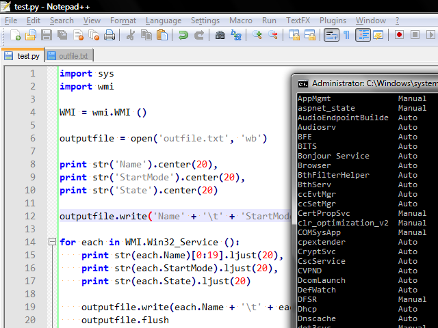 Playing with Python to enumerate all local services via WMI and display their running name, state, start mode, etc.