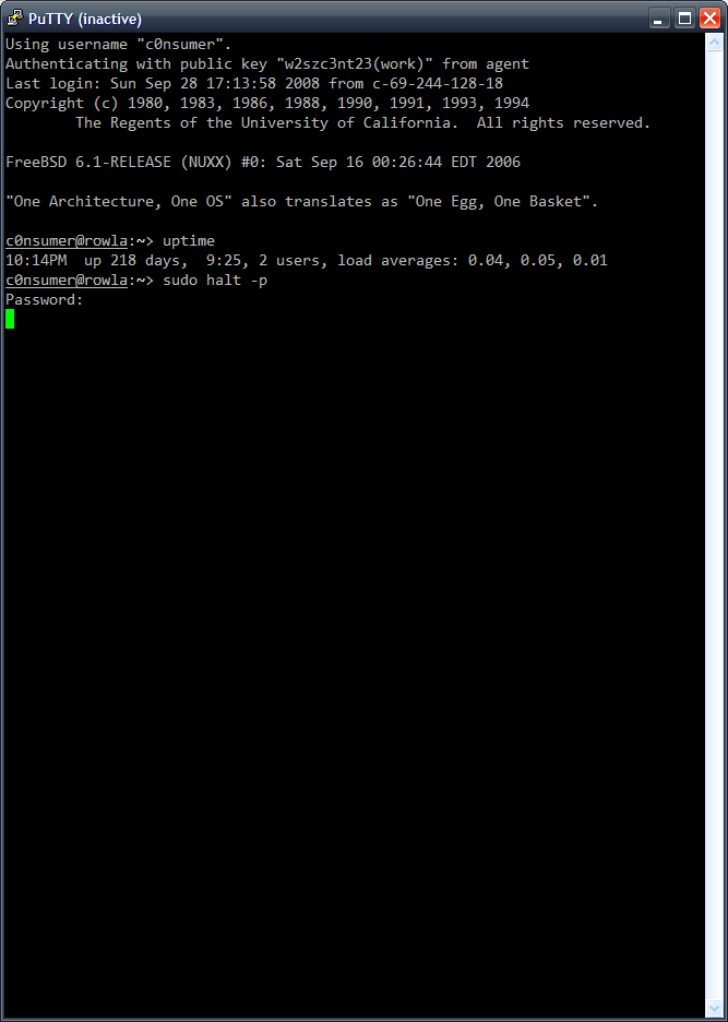 PuTTY screenshot of a disconnected session to rowla.nuxx.net after shutting it down for the last time.