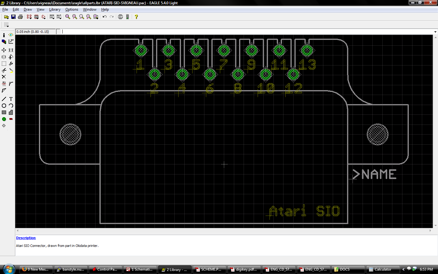 Atari SIO connector footprint drawn in CadSoft EAGLE. Modeled connector was salvaged from an Okidata printer.