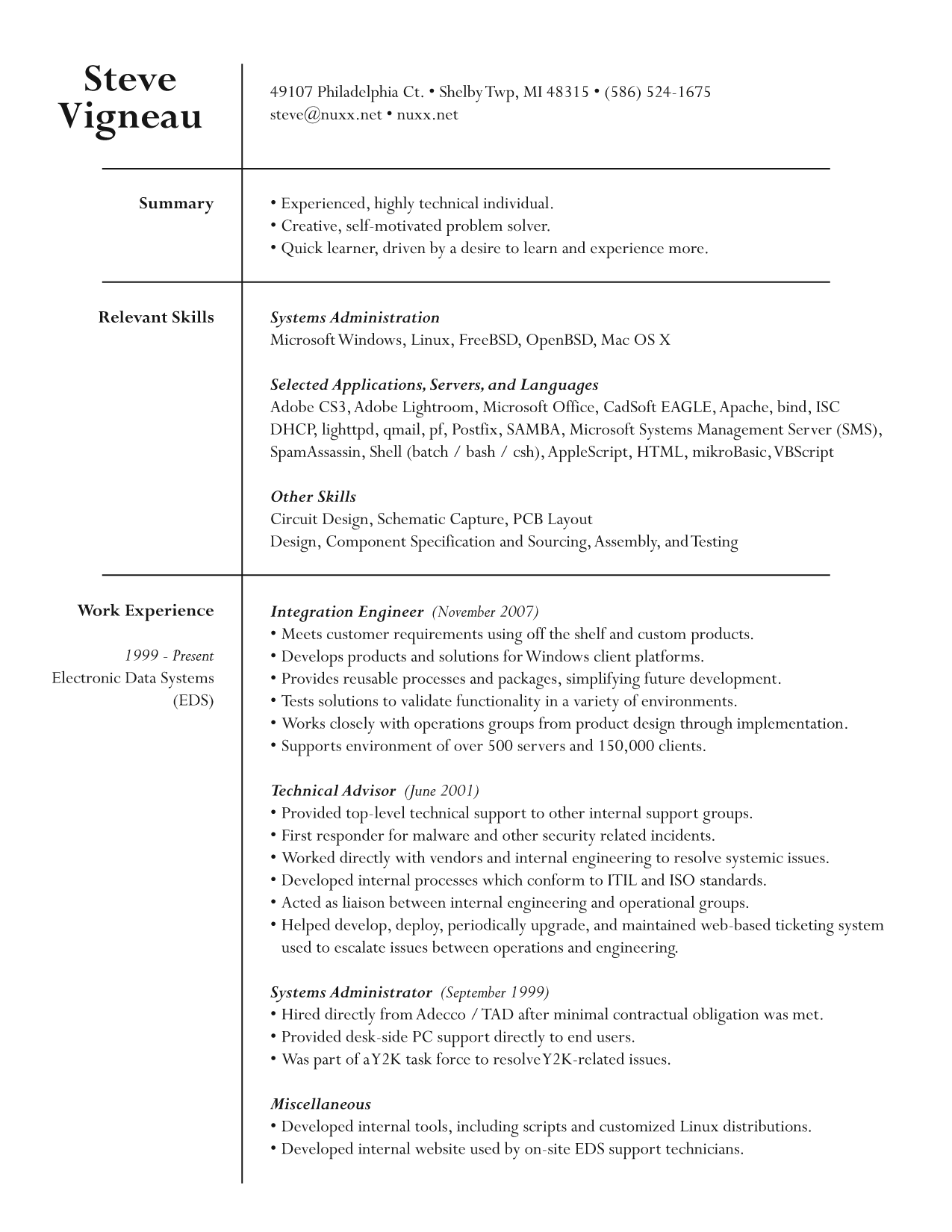 Page 1 of the latest copy of my resume, updated on 02-May-2008, just after midnight.