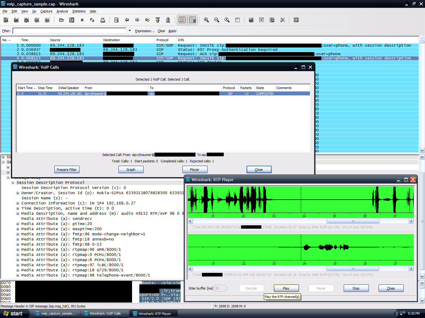 Screenshot of Wireshark decoding a RTP stream using ITU-T G .711 µ-law compression.